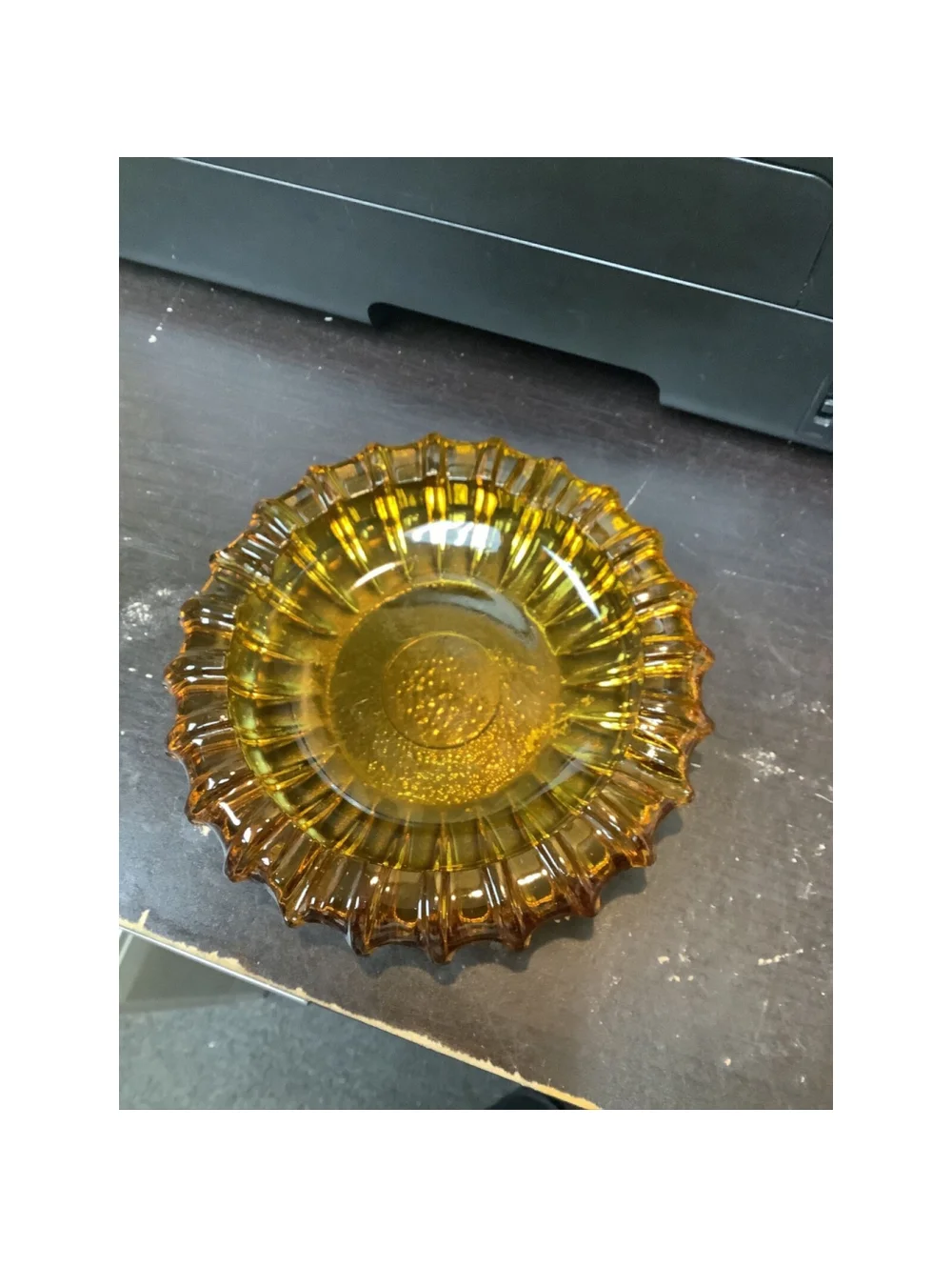 Sunburst Vintage Ashtray Large Heavy Amber Glass 7” MCM Tobacciana Cigar Pipe